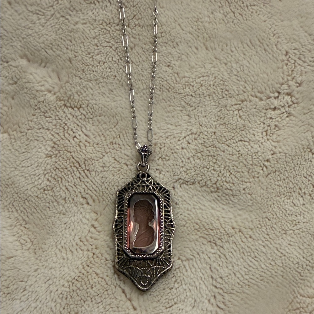 Vintage Serling Silver Filigree framed purple Intaglio necklace.